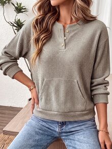 EMERY ROSE Women's Plus Size Solid Color Button Long Sleeve Sweatshirt, Casual Outdoor Sweatshirt For Autumn/Winter Fall - Khaki - View 6