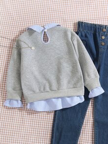 SHEIN Tween女孩白色紫色2合1衛衣，領口長袖加州印花套頭衫，柔軟面料寬鬆版型，秋季Nancy 7歲生日 - 淺灰色 - 查看 2