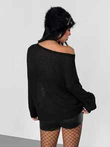 SHEIN ICON Women's Cold Shoulder Skull Pattern Fashion Sweater - Black - View 2
