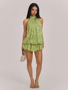 SHEIN PETITE Women's Solid Color Beaded Cold Shoulder Mini Dress - Green - View 11