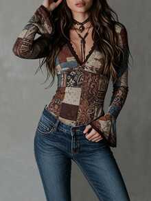 Glimmora Vintage Patchwork Plaid Print Sexy Long Sleeve Top, Deep V-Neck Lace Cuff Flare Split Slim Fit Elastic Autumn Base Layer - Multicolor - View 7