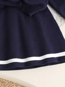 SHEIN Baby Girl Casual Comfortable Collared Ruffle Hem Sweater & Autumn Winter Skirt Set, Royal Blue Contrast Color - Royal Blue - View 4