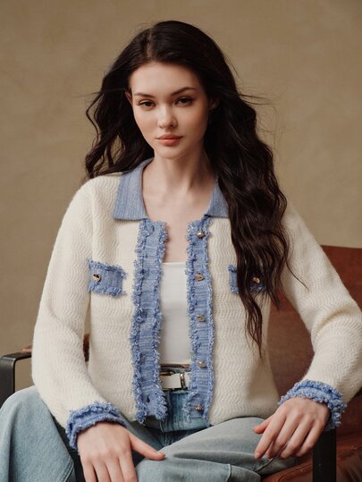 Anewsta Women's Autumn/Winter Knitted Cardigan With Denim Effect Lapel Patchwork Design, Commuter Sweater Jacket