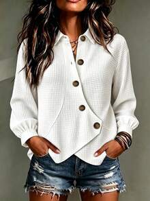 SHEIN Elegant Minimalist Turn-Down Collar Asymmetrical Hem Button Decor Commute Vacation College Style Women's Casual Shirt - White - View 7