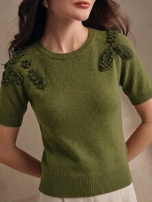 Anewsta Elegant Romantic Design Round Neck Raglan Sleeve 3D Embroidered Decor Women's Knit Top - Green - View 1