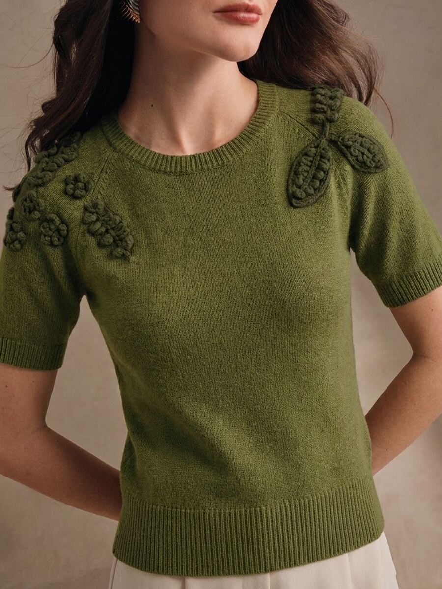 Anewsta Elegant Romantic Design Round Neck Raglan Sleeve 3D Embroidered Decor Women's Knit Top - Green - View 1