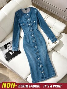 GlowEve CURVE Women's Fashion Round Neck Long Sleeve Patchwork Denim Effect Digital Print Back Slit Knit Dress, Suitable For Daily Commute Wear - Blue - View 1