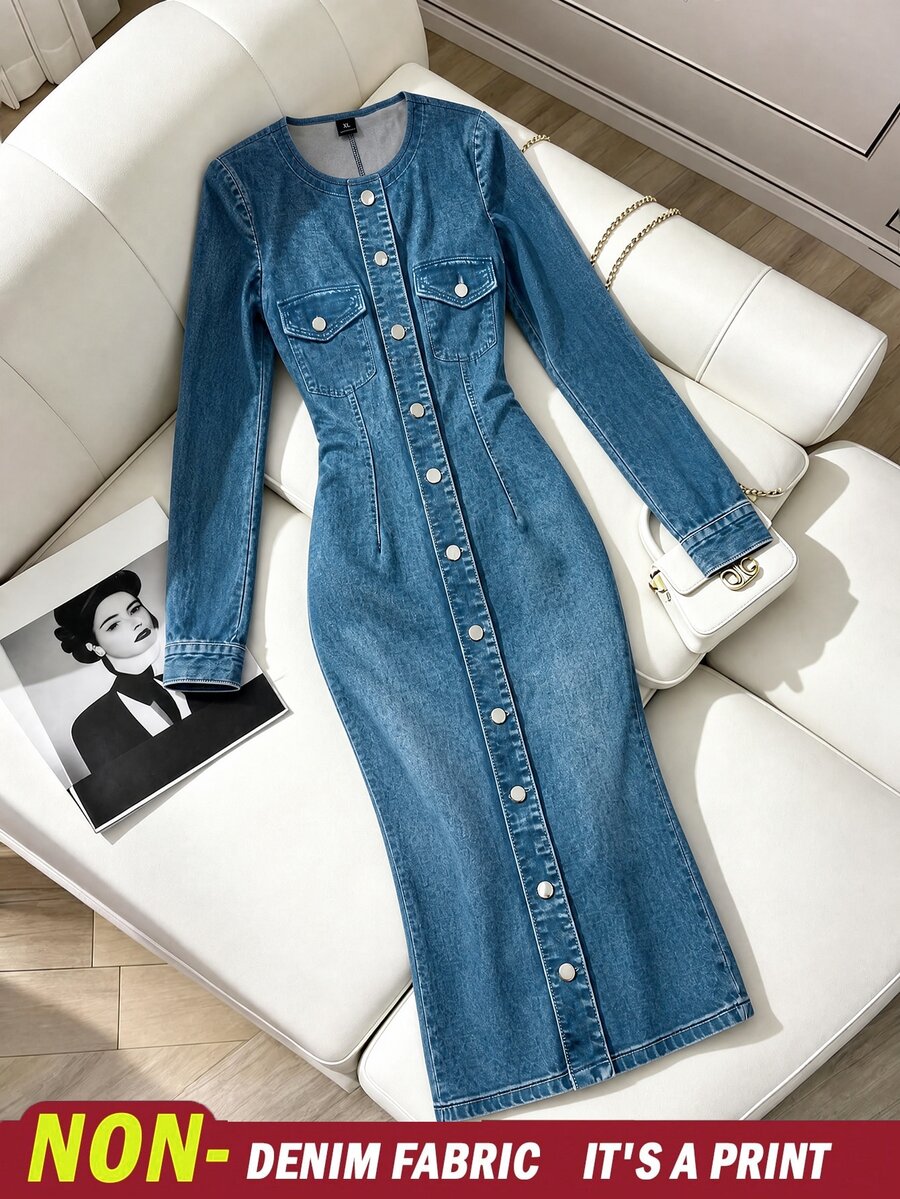 GlowEve CURVE Women's Fashion Round Neck Long Sleeve Patchwork Denim Effect Digital Print Back Slit Knit Dress, Suitable For Daily Commute Wear - Blue - View 1