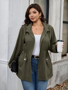 SHEIN Clasi Plus Size Zipper Button Pocket Long Sleeve Hooded Jacket - Army Green - View 7