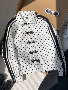 Comfortcana 女款波點圖案青蛙鈕扣門襟側條紋夾克 - 白色 - 查看 6