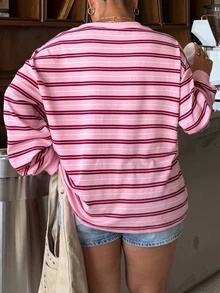 Muchica Plus Size Streetwear Striped Colorblock Long Sleeve T-Shirt - Pink - View 2