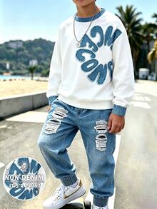 青少年男孩休閒街頭極簡風原邊字母與花卉印花落肩圓領衛衣與運動褲2件套，適合外出與運動 - 彩色 - 查看 1