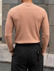 DAZY 春秋款棕色羅紋彈性布料長袖圓領修身男士長袖T恤 - 棕色 - 查看 2