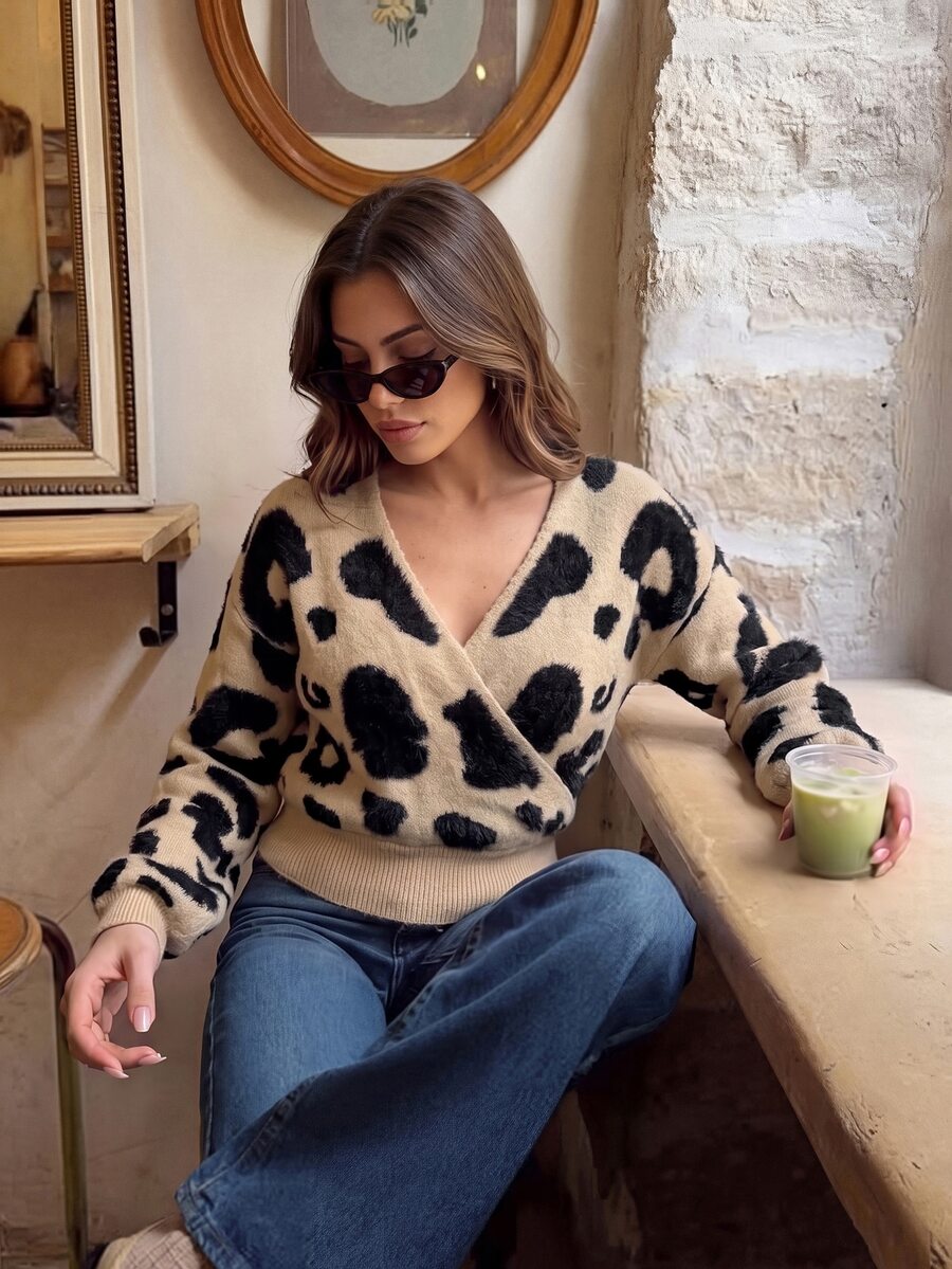 Serisse Women Leopard Print V Neck Cross Front Long Sleeve Ribbed Hem Knit Sweater Pullover,Collar Animal Print Sweater,Elegant Casual Fall Winter Top - Multicolor - View 1