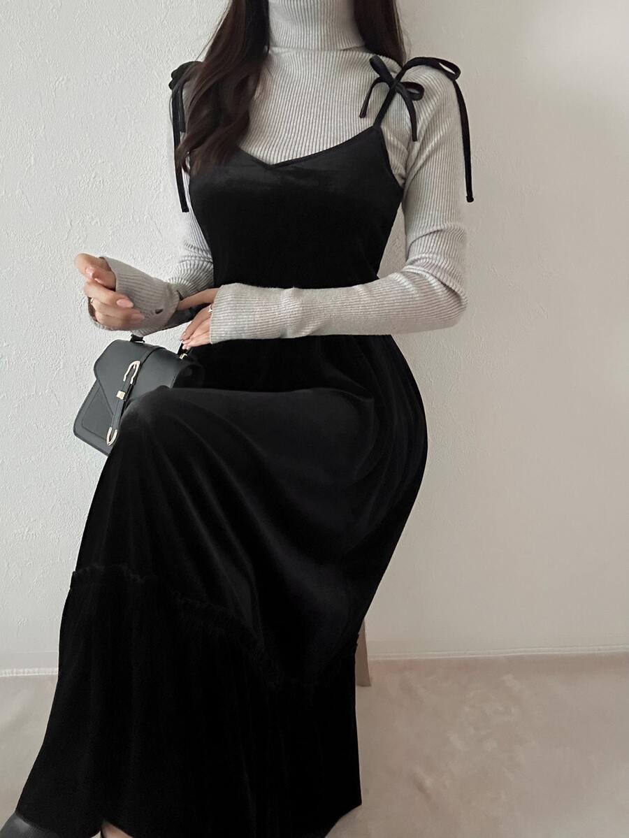 FRIFUL Gaun Berlapis Model Vintage Fashion Wanita dengan Tali Pengikat, Gaya Preppy - Hitam - View 1