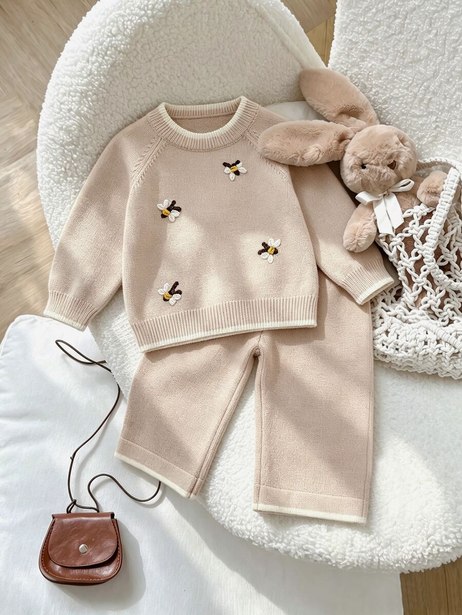 SHEIN 女嬰 2 件套毛衣套裝,圓領套頭上衣搭配手工刺繡蜜蜂設計,工藝精湛,精緻 + 針織寬腿褲,舒適柔軟,黃色蜜蜂,甜美休閒優雅淑女風,極簡日常穿著,適合秋冬旅行出遊派對戶外 - 駝色 - 查看 1