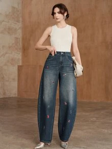 Anewsta Celana Jeans Wanita Pinggang Tinggi Motif Sobek Longgar - Biru - View 6