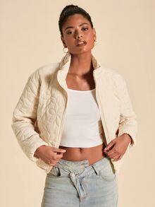 Travachic Women's Stand Collar Floral Quilted Zip-Front Double Pocket Casual Fashion Jacket - Apricot - View 6
