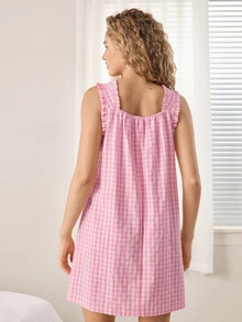 Ocili Women's Soft Comfortable Yarn-Dyed Plaid Ruched Tie-Strap Tank Dress Nightgown Loungewear - Pink - View 2
