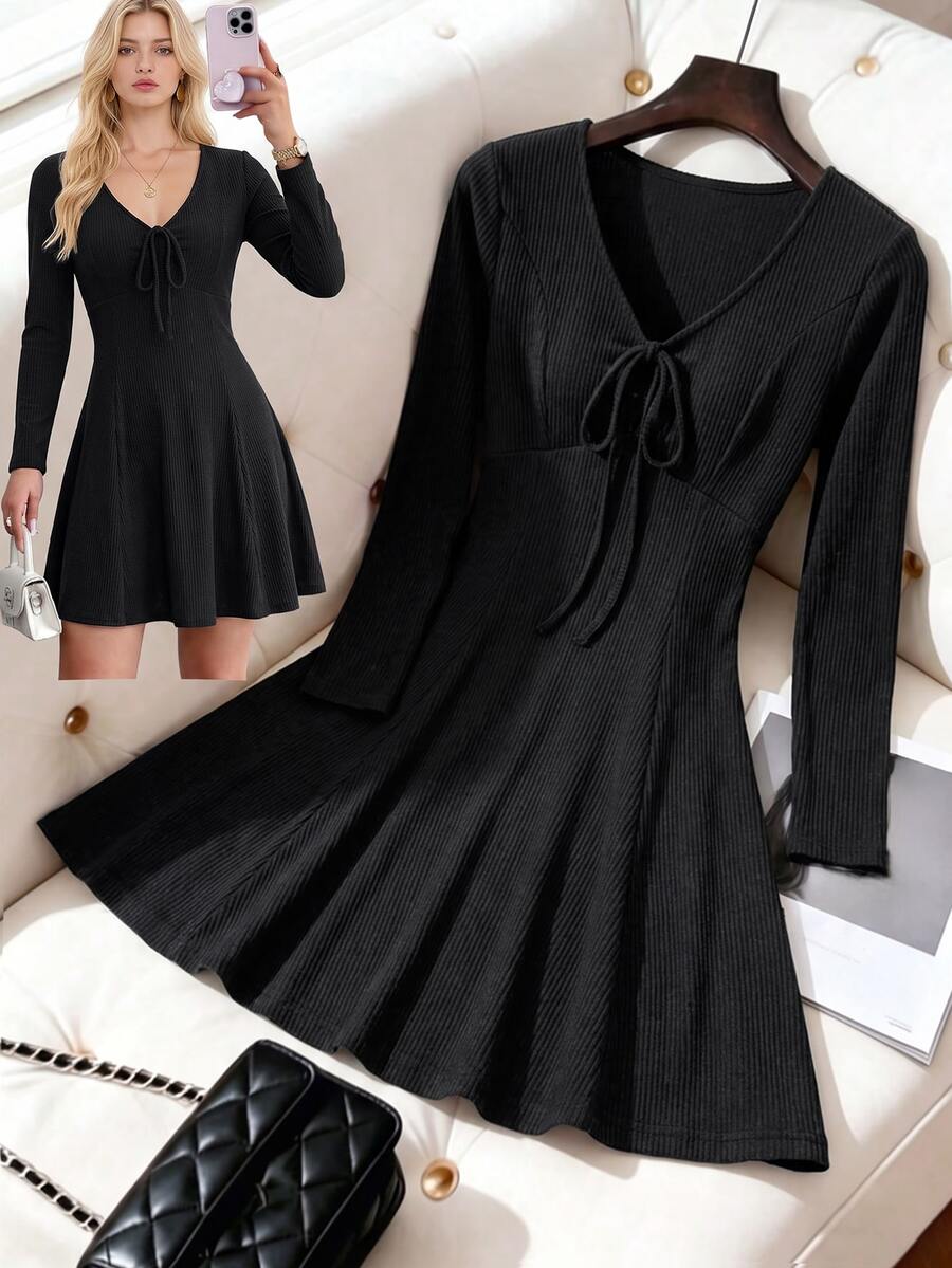 SHEINBlues Women's Dress Drawstring Tie V-Neck Waist-Flattering A-Line Elastic Knit Elegant - Black - View 1