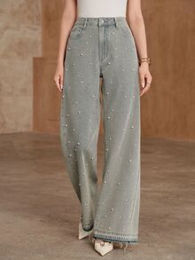 Anewsta Flared Rhinestone Studded Denim Jeans - Blue - View 6