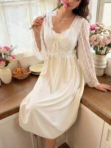 Snug Reverie French Lace Jacquard Long Sleeve Fresh Square Neck Embroidered Lace Trim Bow Mid-Length Women's Nightgown - Apricot - View 6