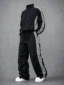 Manfinity Denimwave Men 2set Pieces Casual Tracksuit Set, Loose Color Block Zip Jacket And WideLeg Trousers, Lightweight Outfit For Outdoor Sports Street Style Daily Look - Black - View 7
