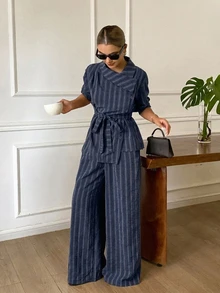 DAZY Women's Striped Collared Long Sleeve Shirt And Loose Straight Leg Pants Casual 2 Pieces Set - Navy Blue - View 4