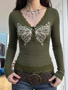 Strévra Women's Butterfly Print Contrast Lace V-Neck Button Placket Long Sleeve T-Shirt Graphic Tees - Green - View 5