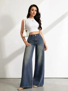 SHEIN Tall جينز نسائي فضفاض متعدد الاستخدامات بأزرار وجيوب - أزرق متوسط - مشاهدة 3
