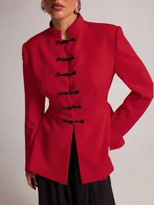 SHEIN BAE 女款紅色立領盤扣長袖開衩時尚西裝外套 - 紅色 - 查看 7