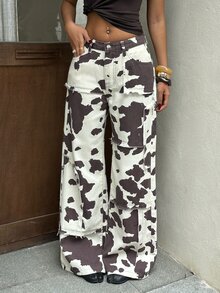 Rivivi Petite Women's High Waist Cow Print Wide Leg Jeans - Multicolor - View 5