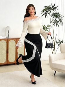 Modelyn Elegant Solid Color Lace Cold Shoulder Long Sleeve Fitted Regular Top And Solid Color Lace Trim Fitted Mermaid Skirt, Spring/Autumn Plus Size 2 Pieces Set - Multicolor - View 5