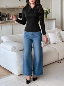 Feyla Women's Solid Color Casual Daily Long Sleeve T-Shirt - Black - View 4