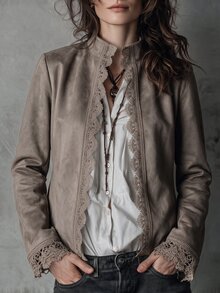 Solivie Women's Solid Color Contrast Lace Open Front Elegant Jacket - Mocha Brown - View 5