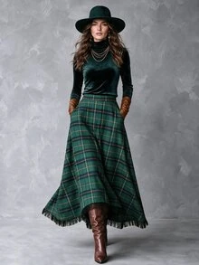 Solivie Women's Autumn Navy Blue Plaid Asymmetrical Hem Skirt - Green - View 3