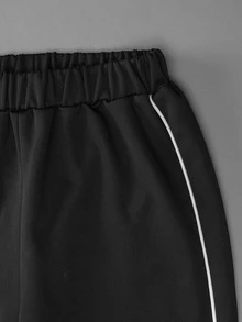 SHEIN 男童春夏秋冬時尚連帽衛衣口袋款，搭配戶外休閒直筒條紋拼接印花長褲 2 件套 - 黑色 - 查看 4