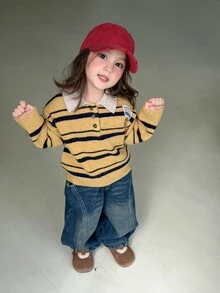 DAZY Sweater Lengan Panjang Kasual Harian Motif Garis-Garis untuk Bayi Perempuan - Kuning - View 3