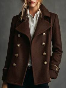SHEIN Women's Navy Blue Double-Breasted Knit Dragon & Phoenix Wool Coat, French Style Commuter Lapel Slimming Jacket - Brown - View 1