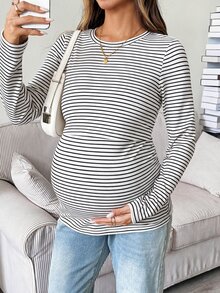 SHEIN 孕婦條紋圓領長袖休閒哺乳上衣 - 白色 - 查看 2