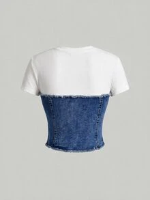 SHEIN MOD Atasan Denim Lengan Pendek Warna Kontras dengan Kancing dan Rumbai untuk Wanita Seksi Ukuran Plus - Medium Wash - View 3