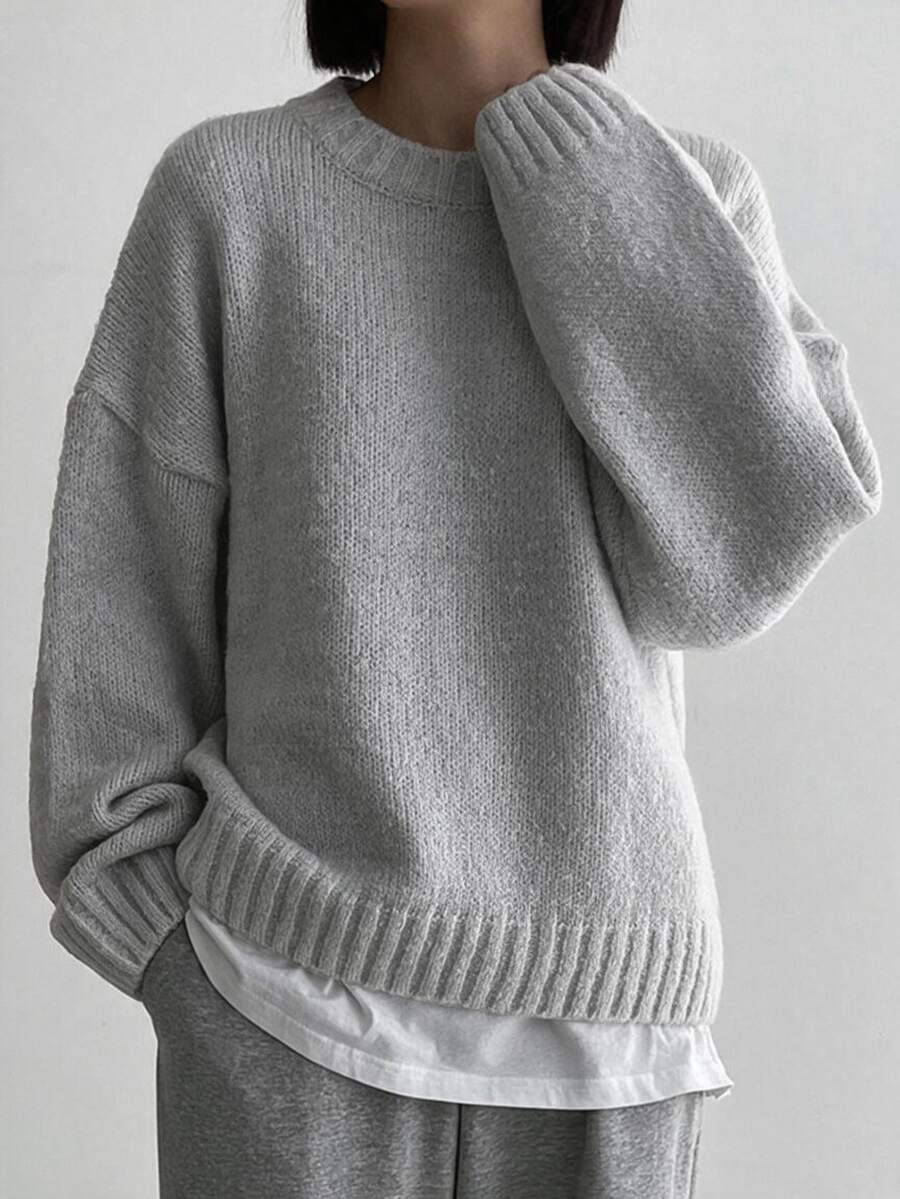 DAZY Women's Solid Color Round Neck Long Sleeve Dropped Shoulder Minimalist Versatile Sweater - Light Grey - View 1