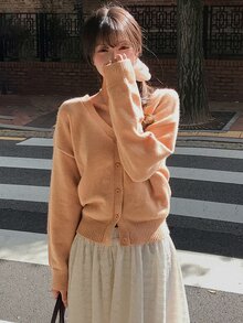DAZY Women's Solid Color Loose Long Sleeve V-Neck Casual Vacation Korean Style Autumn/Winter Knit Cardigan - Coral Pink - View 1