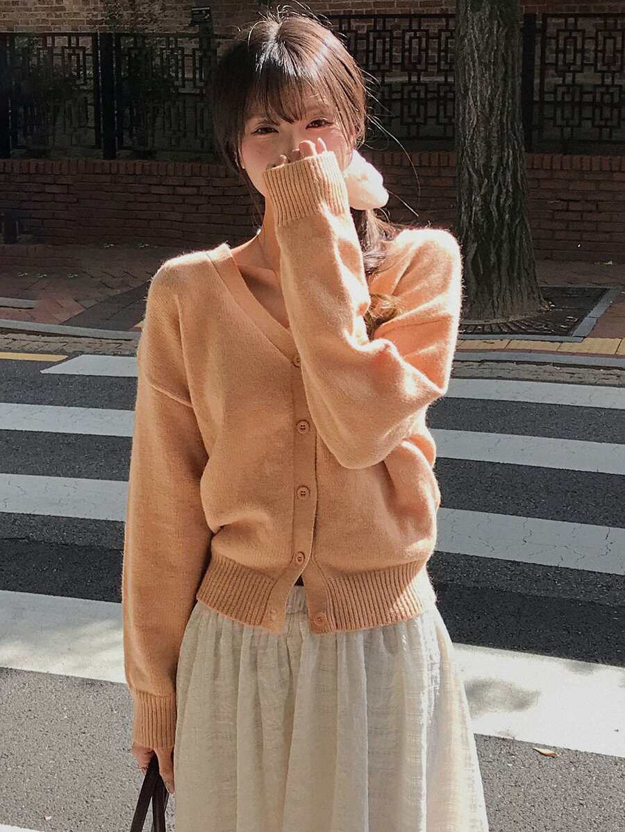 DAZY Women's Solid Color Loose Long Sleeve V-Neck Casual Vacation Korean Style Autumn/Winter Knit Cardigan - Coral Pink - View 1