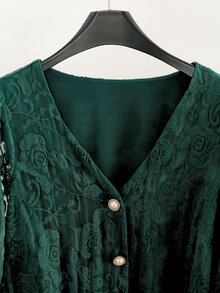 Modelyn Mesh Embroidered Dark Green Top And Skirt Set, Elegant Fashionable Lady Style, High-End Long Sleeve Plus Size 2 Pieces Outfit - Dark Green - View 6