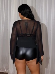 Rustia Plus Lace Up Front Flounce Sleeve Blouse - Black - View 2