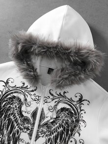 ROMWE MEN Goth Men's Dark Rhinestone Letter & Wing Print Loose Fit Open Front Fleece Hooded Sweatshirt - White - View 2