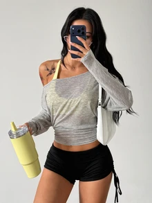 Coolane Women's Solid Color Asymmetric Shoulder Long Sleeve Casual Fashion T-Shirt - Grey - View 6
