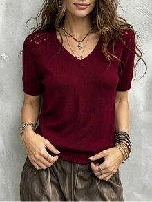 SHEIN Franclia ملابس علوية نسائية محبوكة نصف شفافة بأكمام قصيرة - عنابي اللون - مشاهدة 5