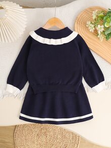 SHEIN Baby Girl Casual Comfortable Collared Ruffle Hem Sweater & Autumn Winter Skirt Set, Royal Blue Contrast Color - Royal Blue - View 2